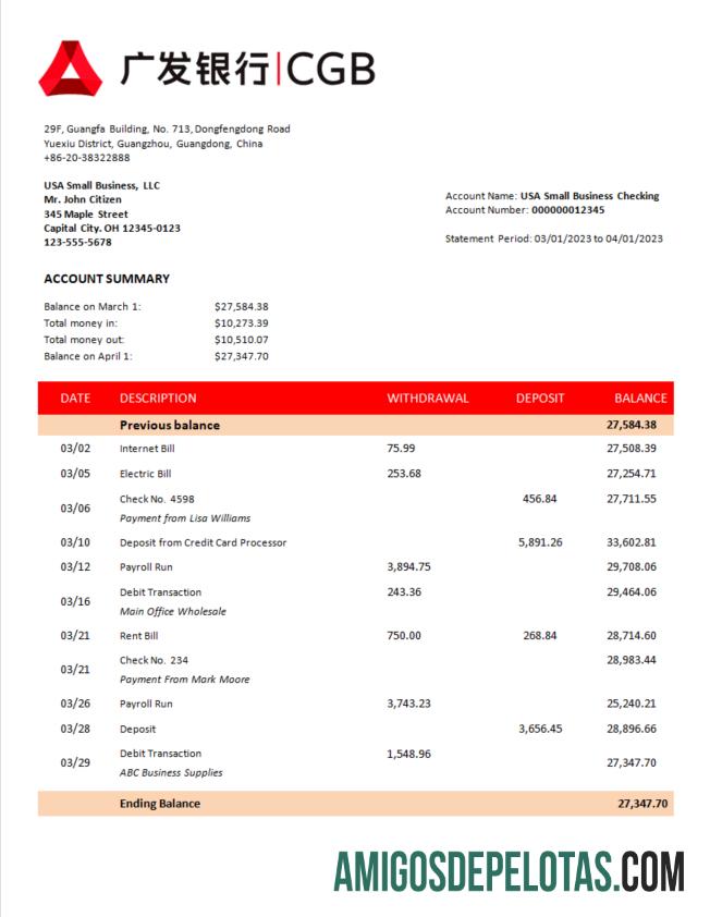 Imprimível China Guangfa Bank Company Statement modelo Word e PDF